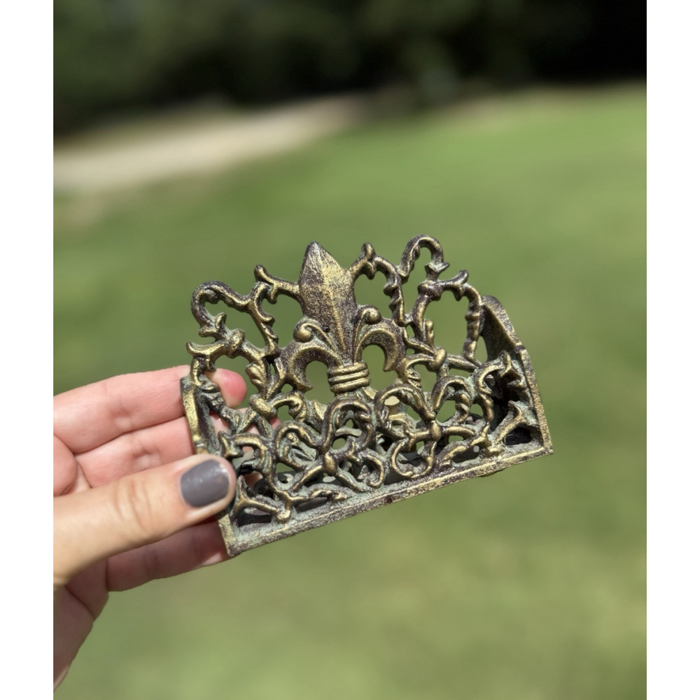 Vintage French Fleur De Lis Metal Business Card Holder w/ Stand Some Patina EUC